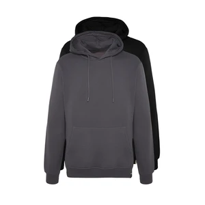 Trendyol 2-Pack Black-Grey Basic Regular/Normal Fit Hooded Fleece Inner Sweatshirt