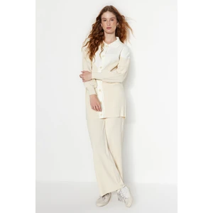 Trendyol Light Beige Color Block, Ribbed Cardigan-Pants, Sweater Top-Upper Set