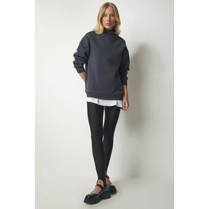 Happiness İstanbul Women's Anthracite Stand-Up Collar Basic Shark Sweatshirt