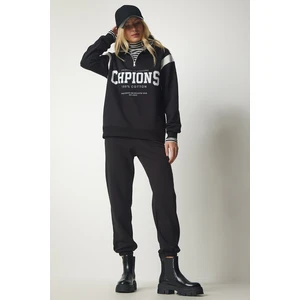 Happiness İstanbul Women's Black Zipper Collar Printed Raised Tracksuit