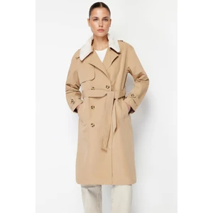 Trendyol Beige Oversized Wide-Cut Collar Plush Detailed, Water-repellent Long Trench Coat