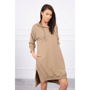 Dress with a hood and longer back camel