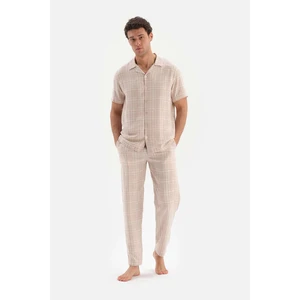 Dagi Beige Shirt Collar Checked Woven Pajamas Set