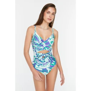 Trendyol Purple Abstract Patterned Double Breasted Tied Regular Swimsuit