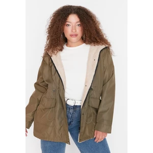 Trendyol Curve Khaki Hooded Snap Detailed Pocket Plush Coat