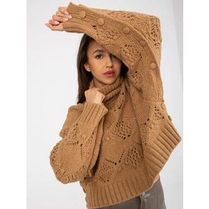 Camel openwork sweater with turtleneck and wide sleeves