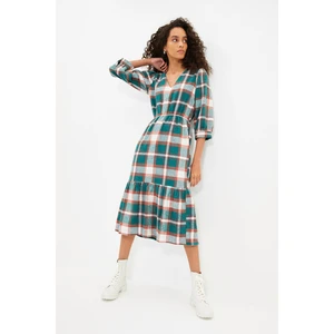 Trendyol Green Plaid V-Neck Dress