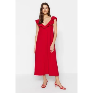 Trendyol Burgundy Ruffle Collar Detailed Pool Neck Midi Knitted Dress