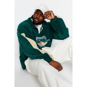 Trendyol Emerald Green Unisex Plus Size Oversize High Neck City Embroidered Fleece Sweatshirt