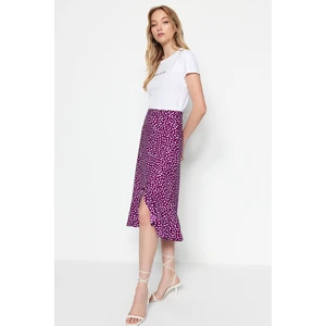 Trendyol Purple Printed High Waist Midi Stretchy Knitted Skirt with Gather Detail and Flounce