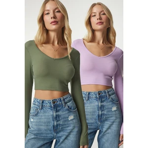 Happiness İstanbul Women's Khaki Lilac V Neck 2 Pack Crop Blouse