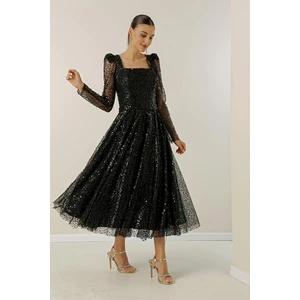 By Saygı Square Neck Long Sleeves Lined Sequins Beaded Dress