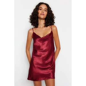 Trendyol Premium Burgundy Satin Heart Patterned Degaje Collar Strap Woven Nightdress