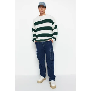 Trendyol Dark Green Oversize Fit Wide Fit Crew Neck Striped Knitwear Sweater