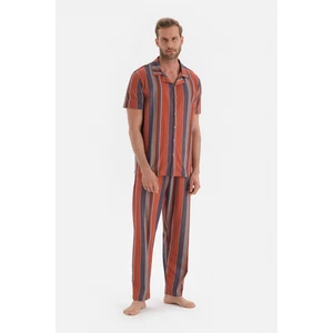 Dagi Claret Red Shirt Collar Striped Knitted Pajamas Set