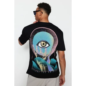 Trendyol Black Men's Relaxed/Comfortable cut, Crew Neck Short Sleeve Mystical Printed 100% Cotton T-Shirt.