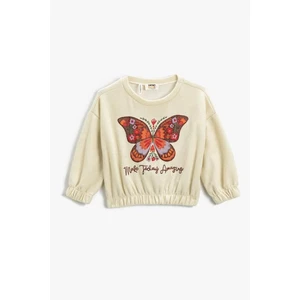 Koton Girls' Embroidered Butterfly Ribbed Round Neck Crop Sweatshirt