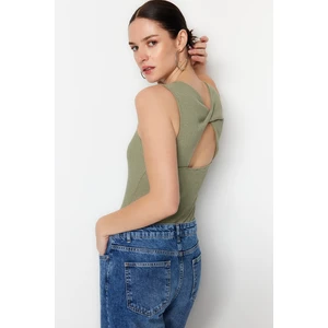 Trendyol Green With Low-Cut Back Fitted/Sticky Corduroy Flexible Knitted Body with Snap Snaps