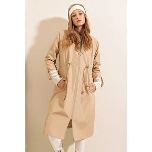 Bigdart 9091 Gathered Waist Hooded Trench Coat - Beige