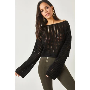 Olalook Women's Black Spanish Sleeve Openwork Crop Knitwear Blouse