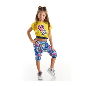 Mushi Heart To Heart Girls' Crop Top Yellow T-shirt Blue Capri Shorts Set