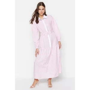 Trendyol Pink Striped Woven Dress With Belt Detailed Half Pats