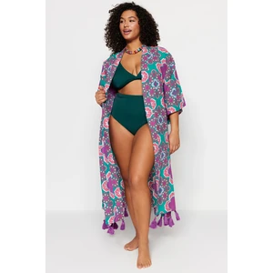 Trendyol Curve Purple Belted Woven Kimono with Tassel Detail