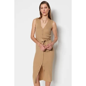 Trendyol Camel Belt Detailed Midi Knitwear Dress