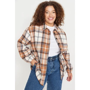 Trendyol Curve Oversized Brown Checkered Woven Shirt