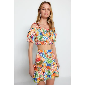 Trendyol Fruit Patterned Woven Ruffle Blouse and Skirt Set