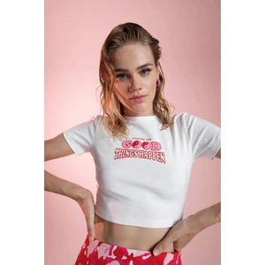 DEFACTO Crop Top Crew Neck Printed Short Sleeve T-Shirt