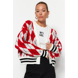 Trendyol Red Soft Textured Lozenge Patterned Knitwear Cardigan