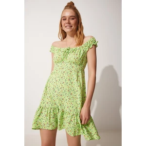 Happiness İstanbul Women's Green Floral Summer Gathered Viscose Dress