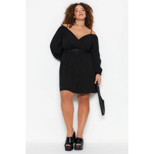 Trendyol Curve Black Woven Dress with a Belt, Double Breasted