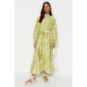 Trendyol Oil Green Belted Half Patties with Ruffles at the Hem, Woven Patterned Dress