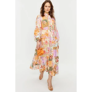 Trendyol Multicolored Floral Patterned Linen Look Woven Dress with Belt Detail