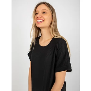 Black ribbed oversized blouse with short sleeves