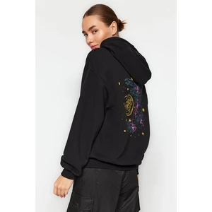 Trendyol Black Thick Fleece Hooded Printed Oversized/Cromatic Knitted Sweatshirt