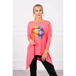 Blouse oversize with rainbow lips print pink neon