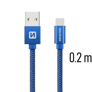 Adatkábel Swissten textil USB-C konnektorral, gyorstöltés támogatással, kék