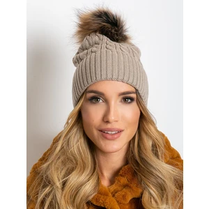 Cap with a braid weave and a fur pompom, beige