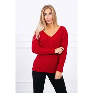 Knitted sweater with V-neck in red