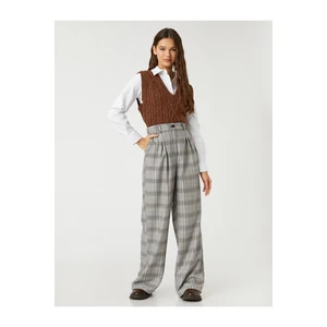 Koton Palazzo Trousers Wide Legs Check, Pocket Detailed Pleated.