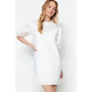 Trendyol Ecru Straight Cut Mini Dress with Cotton Woven Lining, Standing Collar, Brode