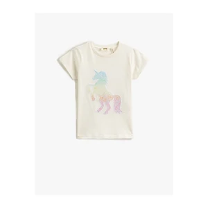 Koton Unicorn Embroidered Sequins T-Shirt Short Sleeved Crew Neck.