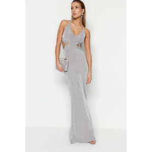 Trendyol Gray Fitted Evening Dress With Knitting Out Detailed and Shimmering