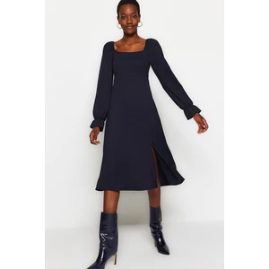 Trendyol Navy Blue Square Neck Slit Long Sleeve Crepe Midi Knitted Dress