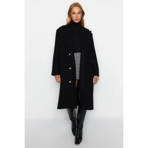 Trendyol Black Oversize Wide Cut Gold Button Detailed Long Stamped Coat