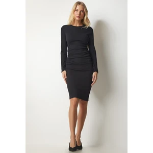 Happiness İstanbul Women's Black Shire Detailed Corduroy Knitted Dress