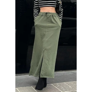 Madmext Women's Khaki Green Midi Skirt with a Slit Detail